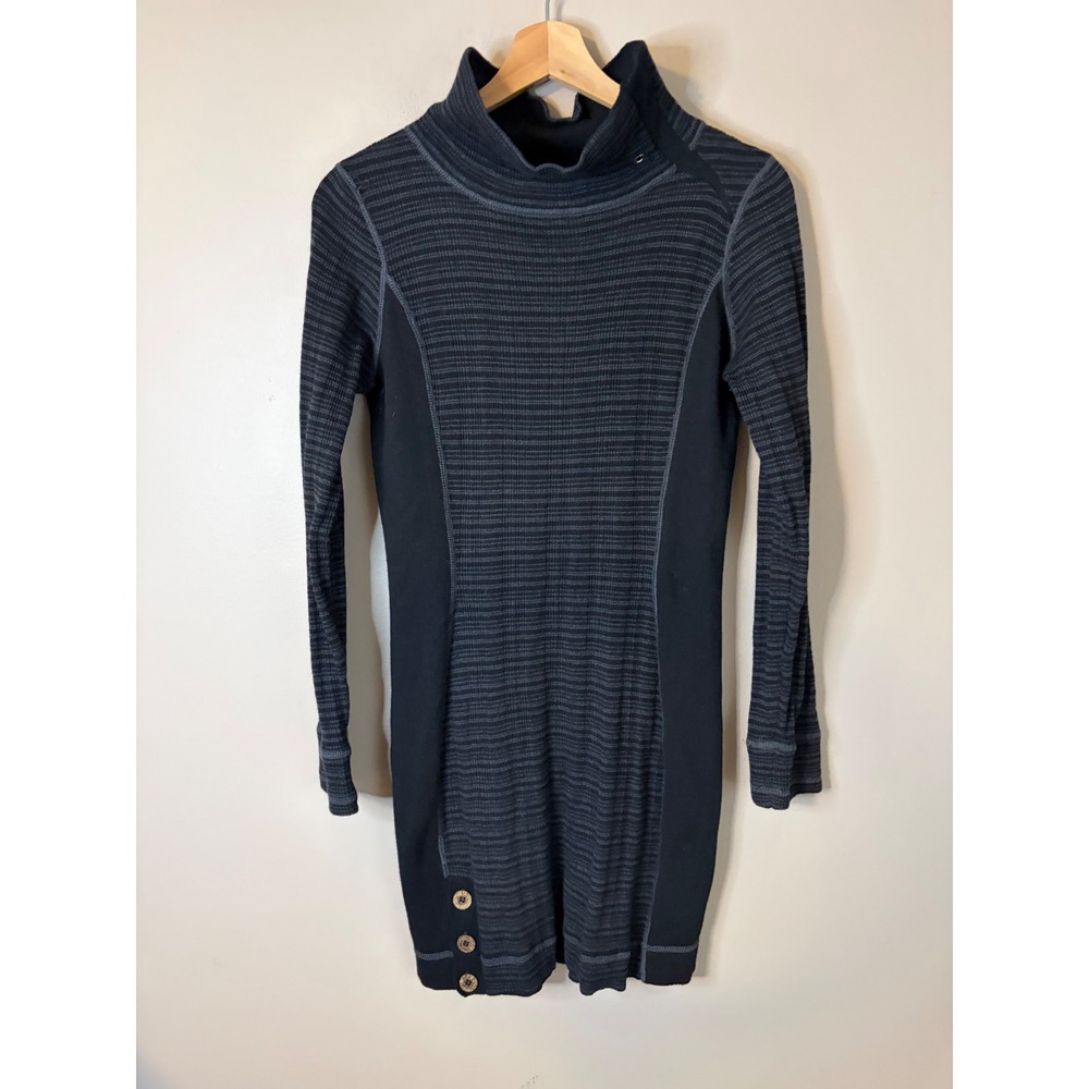 Prana Sweater Dress Womens Small Black Gray Excellent Striped Mock Neck Mini